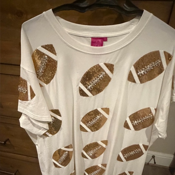 QUEEN OF SPARKLES Tops - QUEEN OF SPARKLES White Tee with Gold Sequin Football Motif